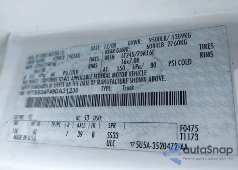 2009 Ford E-350 Super Duty Commercial z USA, uszkodzony, nr VIN 1FTSS34P49DA31236